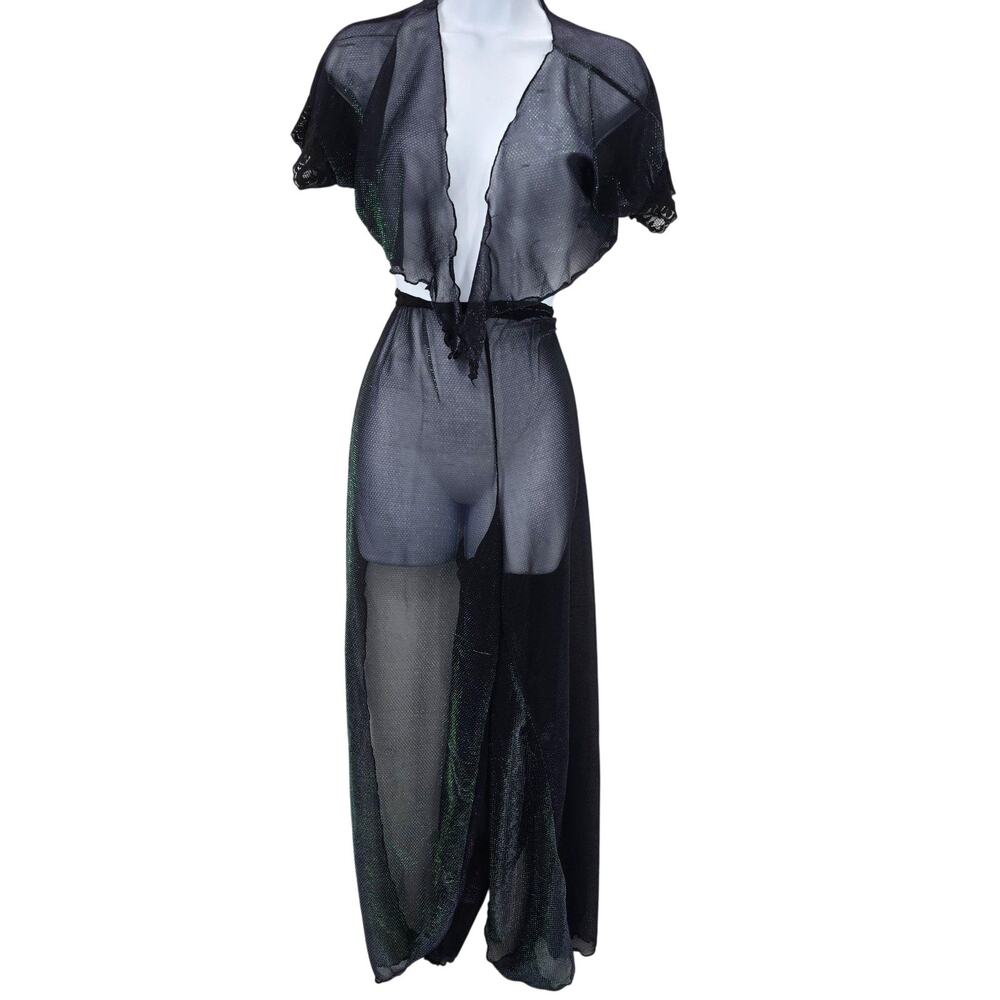Vintage 1930's Medium Black Lingerie Kimono Top Pants Sheer Negligee Peignoir